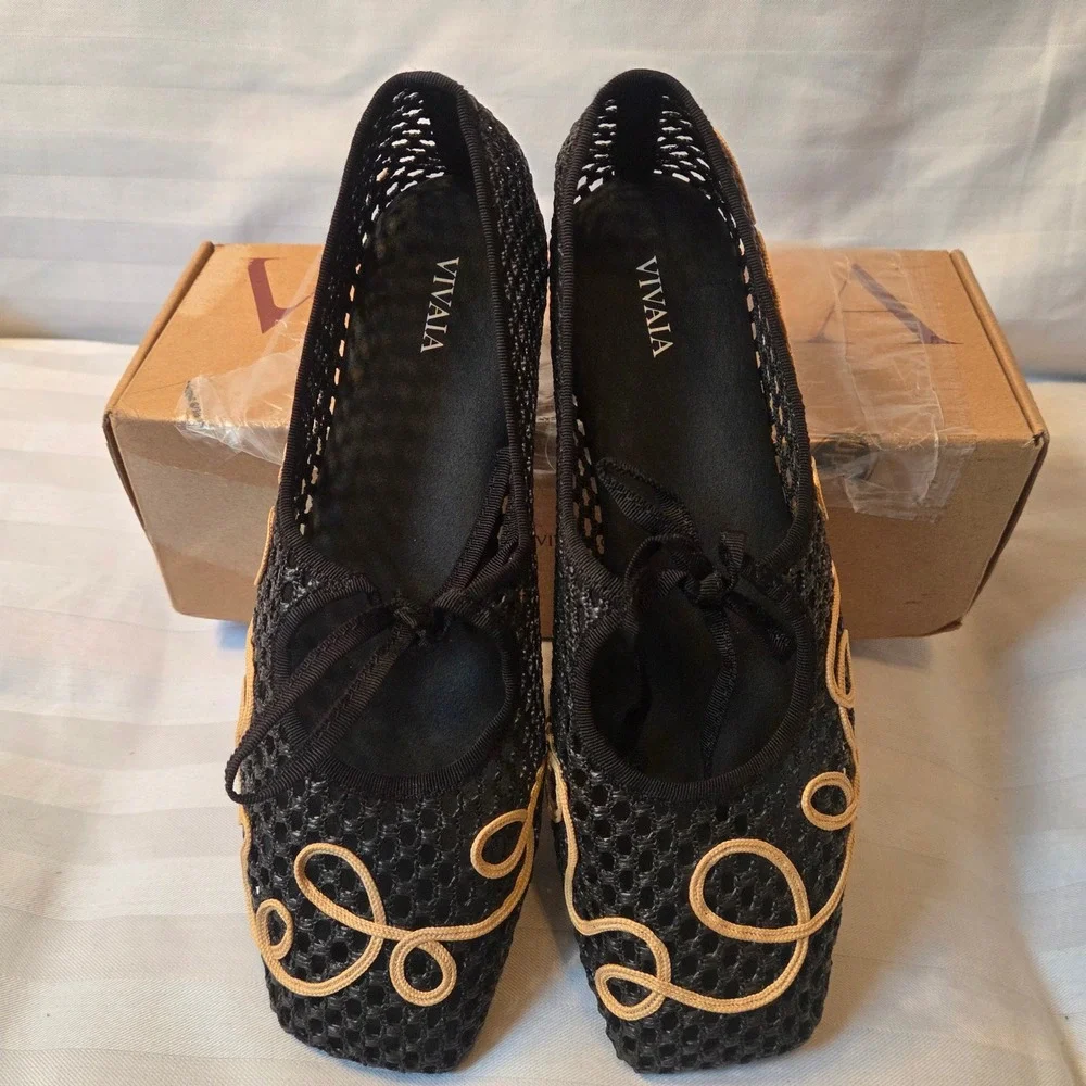 VIVAIA Makayla Black Natural Mesh Embroidered Square Toe Flats EU 39.5 US 8.5